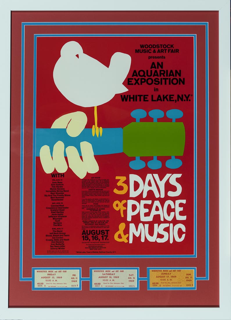 Classic Rock Woodstock Poster with original tickets and 2nd edition poster