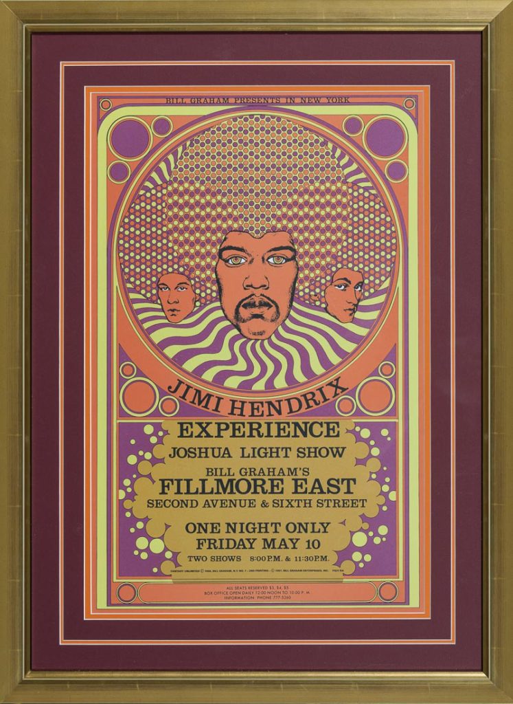 Classic Jimi Hendrix concert poster  at Fillmore East. Framed in Gold and Red