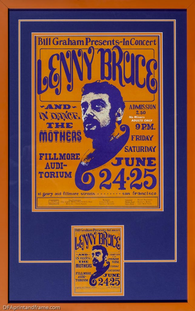 Lenny Bruce Concert Poster and Card Framed with Orange Frame and Blue Mat