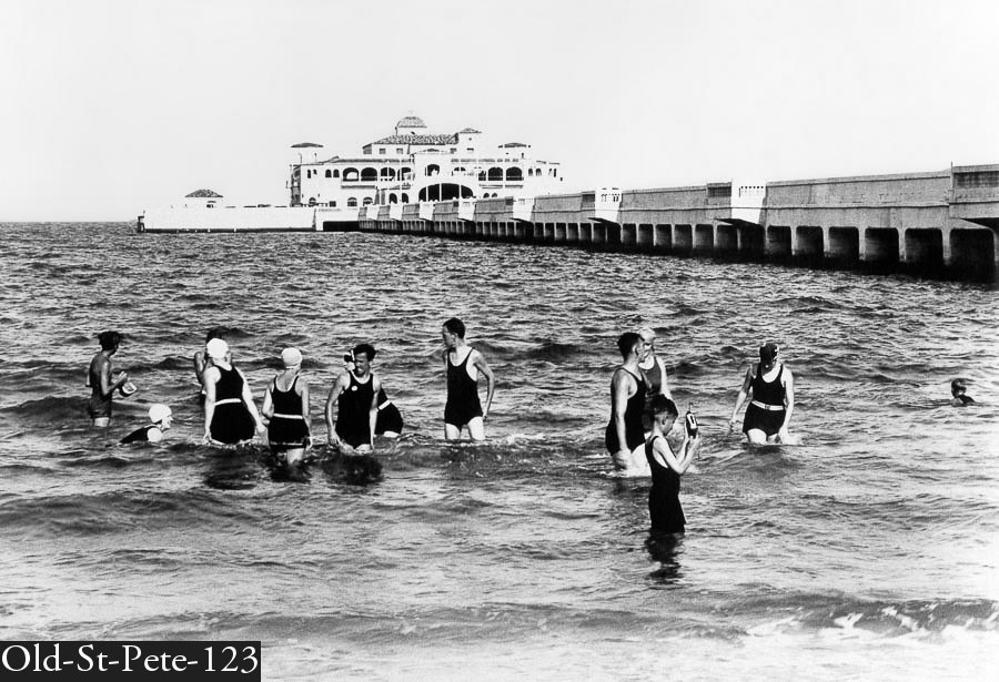 Bathers on Spa Beach with St Pete pier in background
