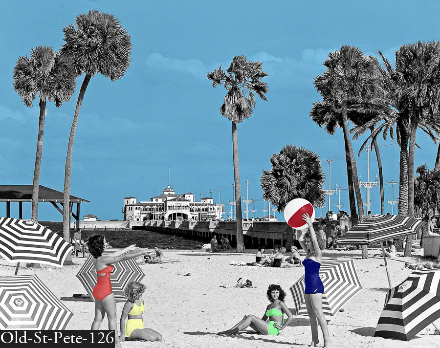 Hand colored image of playing on the Beach at Spa Beach with million dollar pier in background